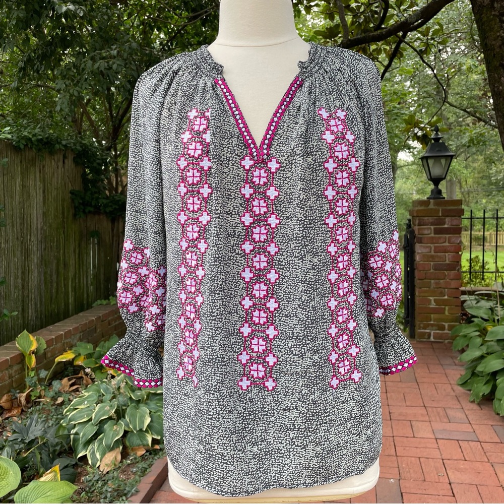 Rungolee silk “Barcelona Embroidered Blouse” in size small
